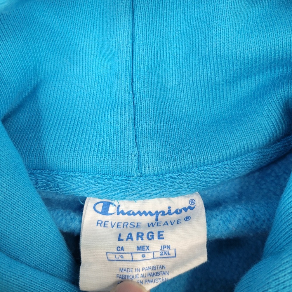 Champion Reverse Weave Hoodie Mens L Blue Pullover Sweatshirt Sleeve Logo - Picture 4 of 10